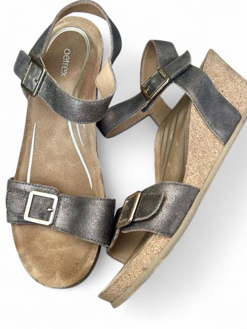Aetrex Lexa Metallic Decorative Buckle Wedge Sandals